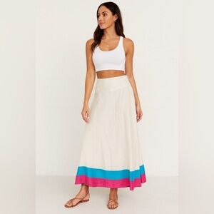 Summer Boho Linen Maxi Skirt Ivory with Blue & Pink Hem Trim Size S Minimalist